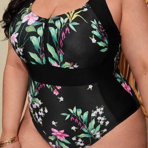 Plus Floral Zip Front One Piece Swimsuit